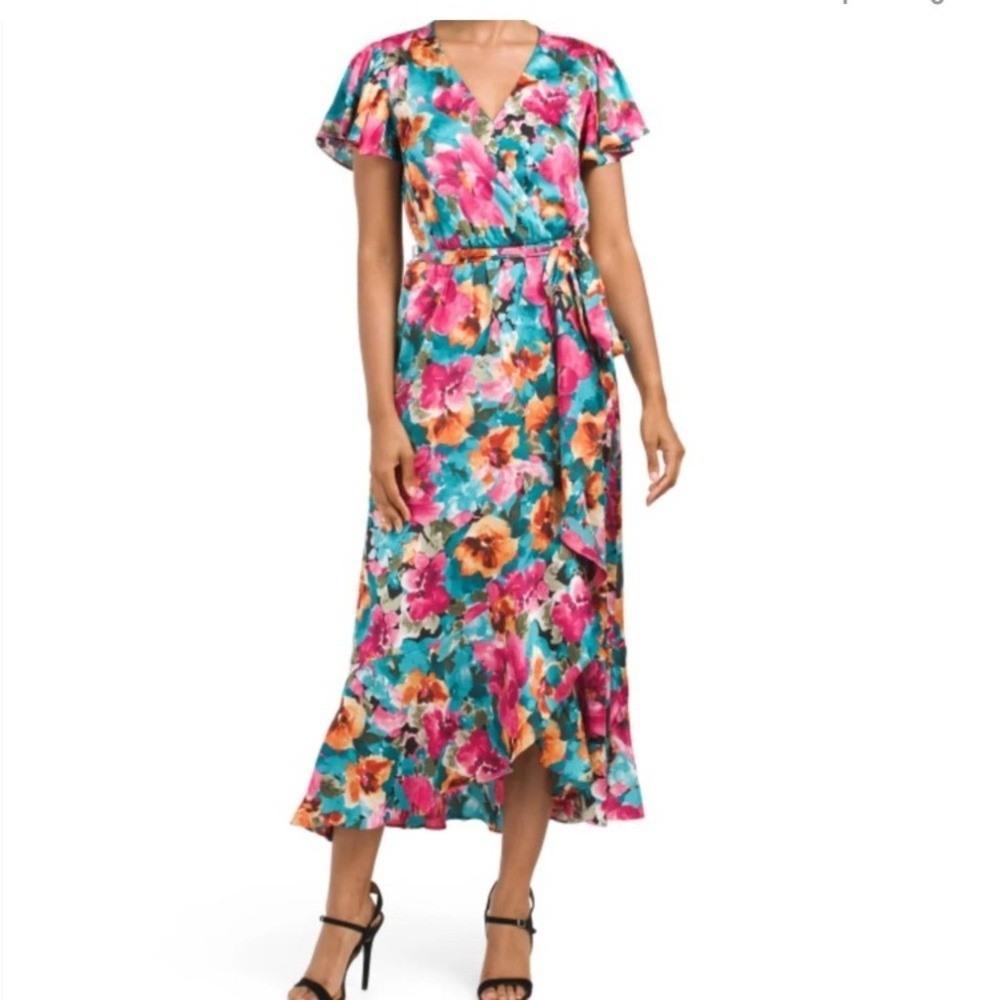 Nicole Miller Floral Satin dress ruffles romantic holidays‎ vacation size S